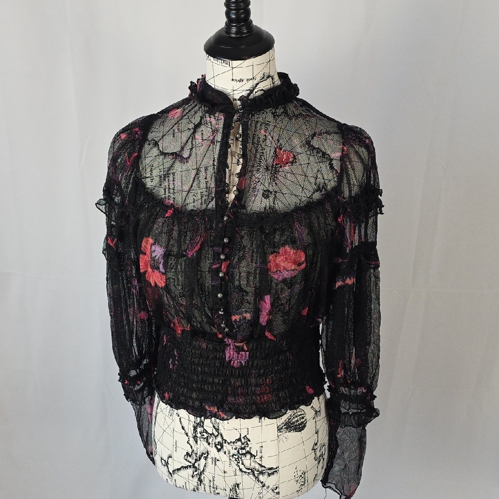 Free People Black and Pink Sheer Floral Blouse